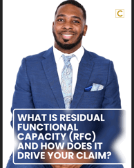 A smiling man in a blue suit and patterned tie, with text below reading: "What is Residual Functional Capacity (RFC) and how does it drive your claim?"